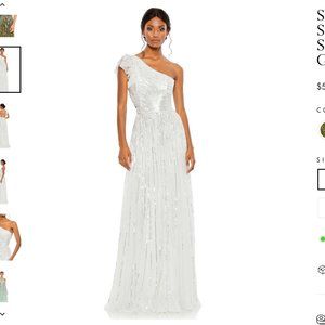 NWT MAC DUGGAL | SEQUINED ONE SHOULDER FLUTTER SLEEVE A LINE GOWN | WHITE | SZ 8